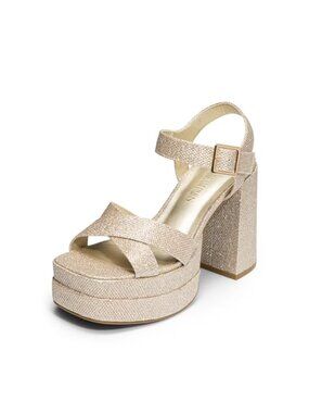Platform Block Chunky Heeled Sandals Square Toe Ankle Strap Glitter PU